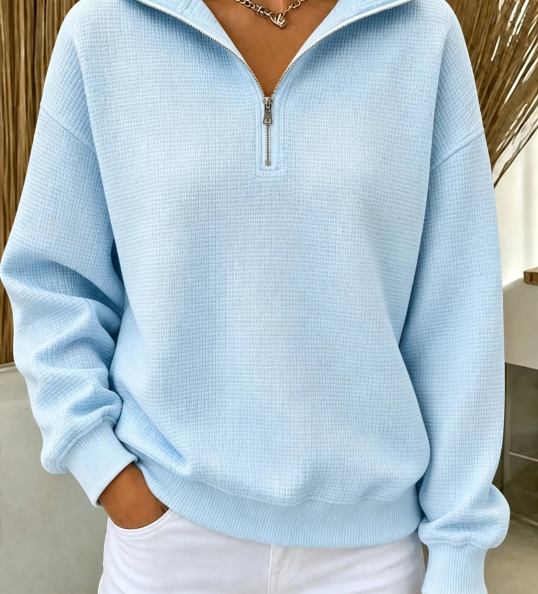 RAUSVERKAUF🔥 Damen Waffel-Strick Sweatshirt mit Viertelreißverschluss