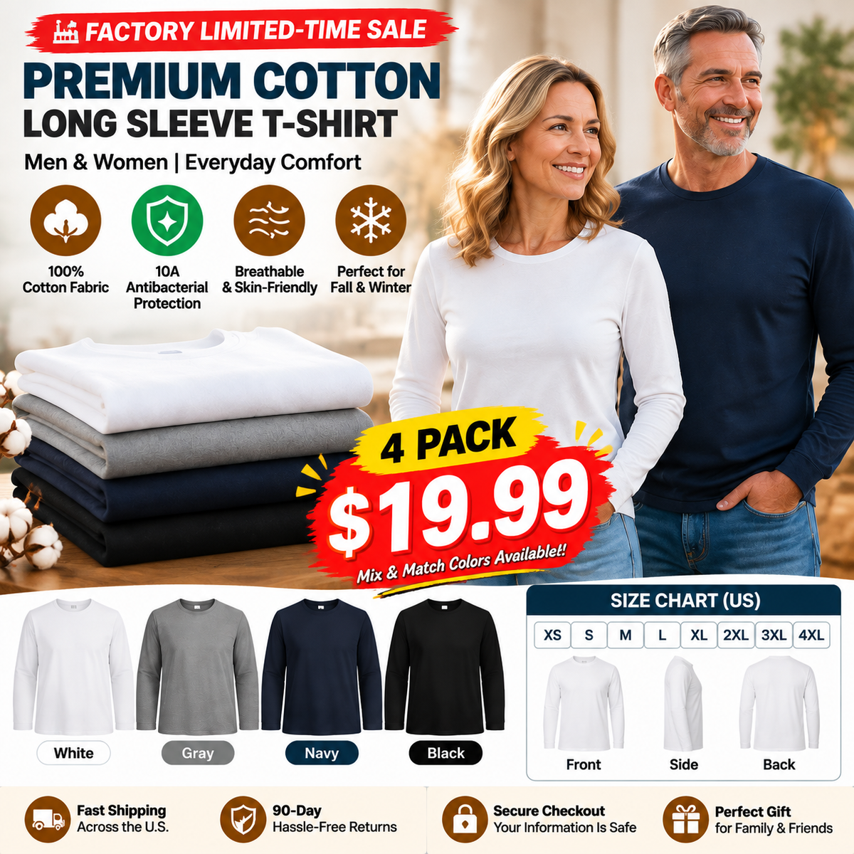 🏭 FACTORY LIMITED-TIME SALE ⚡ FINAL SALE – 8 PACK ONLY $24.99! Soft Cotton Long Sleeve Shirts for Men & Women, Perfect Everyday Base Layer
