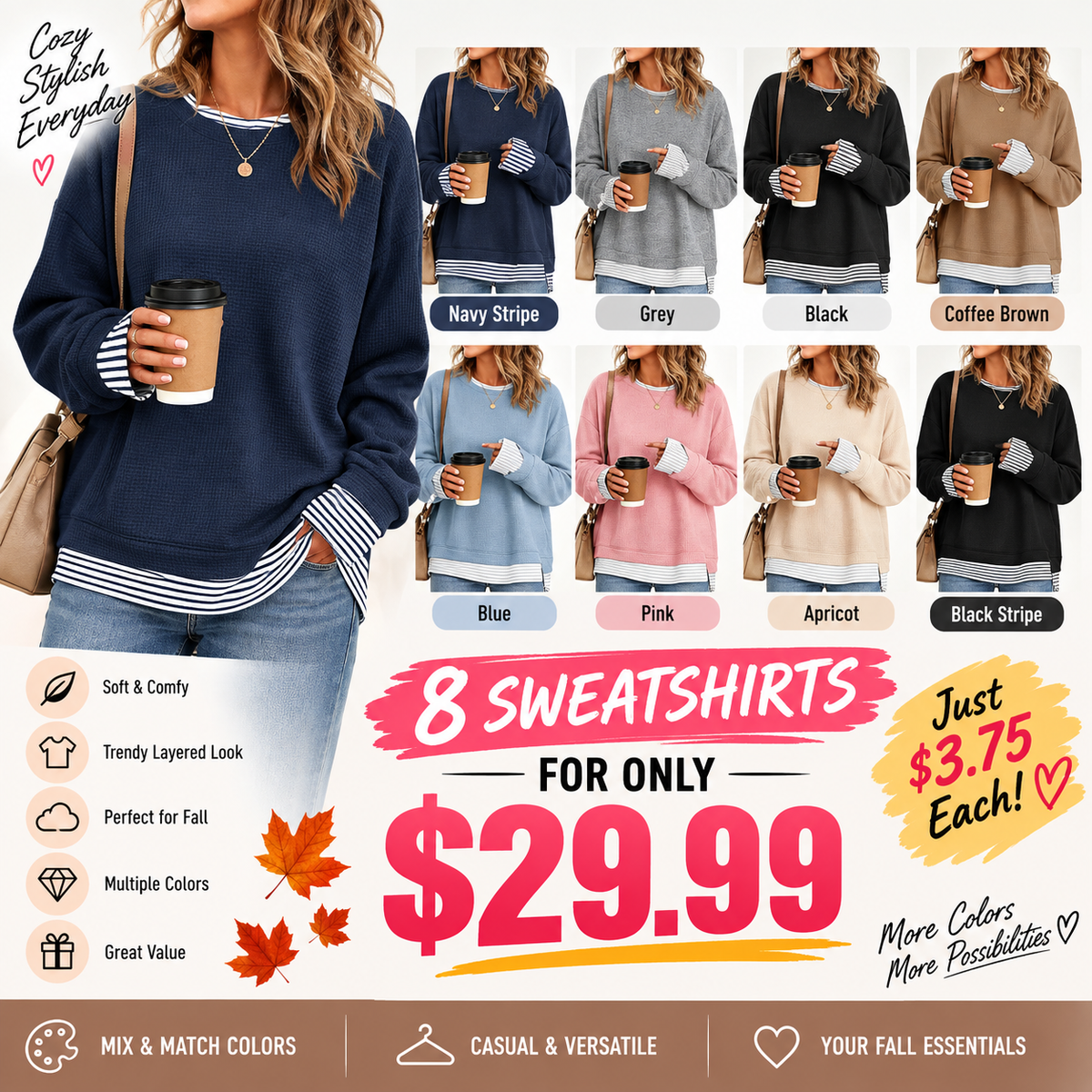 🍂 FALL SPECIAL |🔥 8 FOR ONLY $29.99! Women's Striped Patchwork Oversized Sweatshirts – Cozy Drop Shoulder Casual Tops