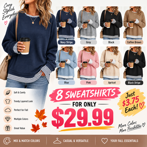 🍂 FALL SPECIAL |🔥 8 FOR ONLY $29.99! Women's Striped Patchwork Oversized Sweatshirts – Cozy Drop Shoulder Casual Tops