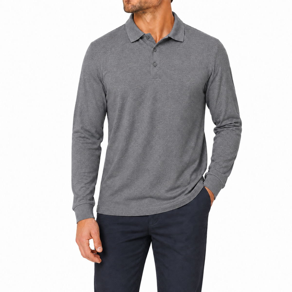 Men's Relaxed Textured Long Sleeve Polo Shirt