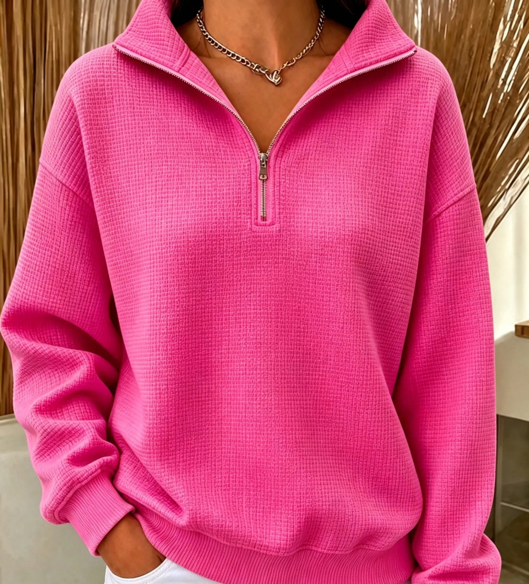 RAUSVERKAUF🔥 Damen Waffel-Strick Sweatshirt mit Viertelreißverschluss
