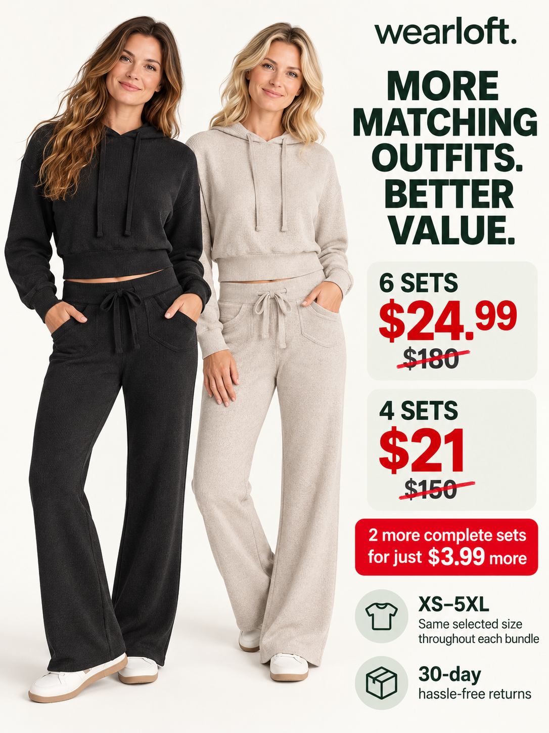 Cropped Hoodie & Wide-Leg Pants Sets | 6 Sets $24.99 / 4 Sets $21 | XS–5XL