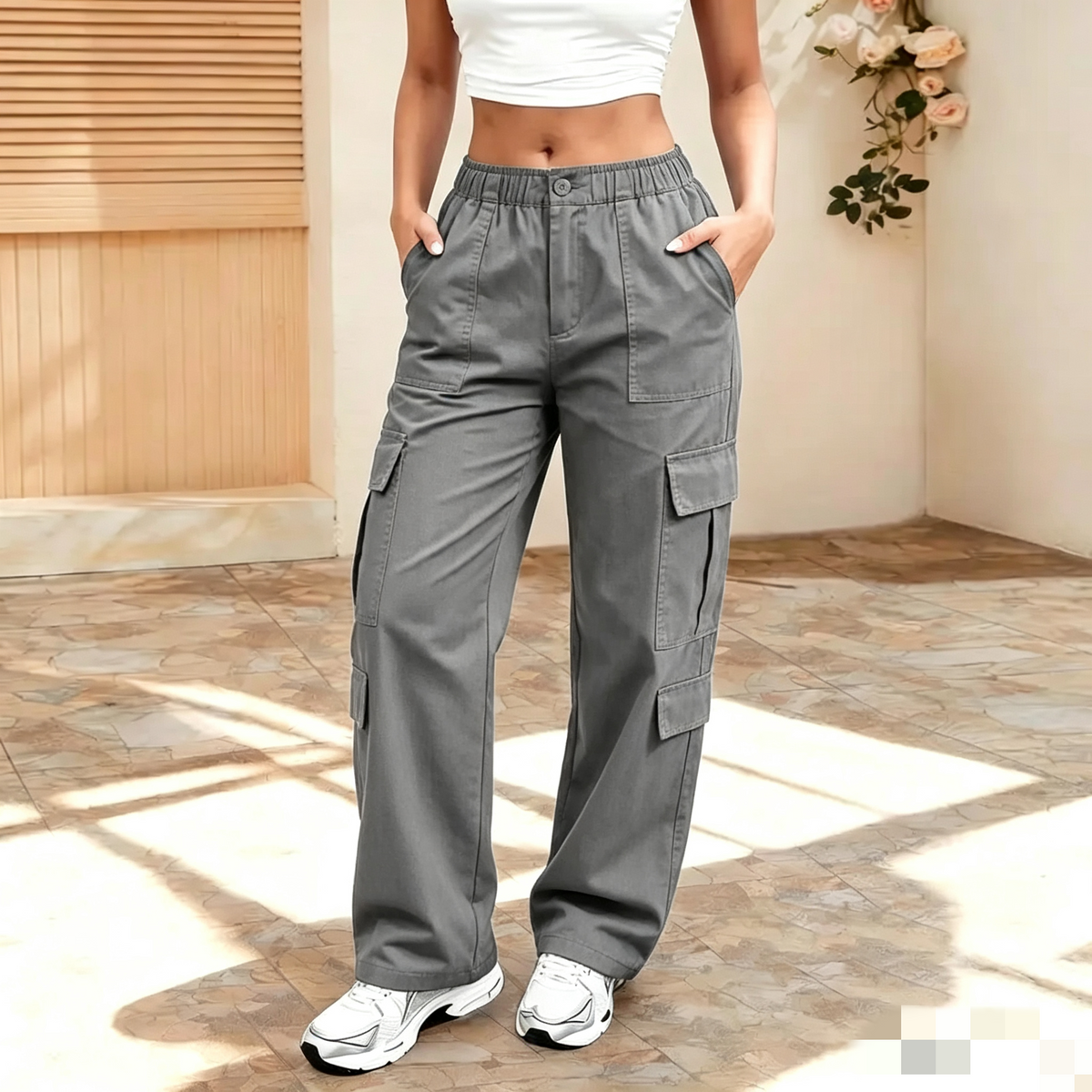 LAST DAY SALEWomen's Solid Straight Multi-Pocket Cargo Pants