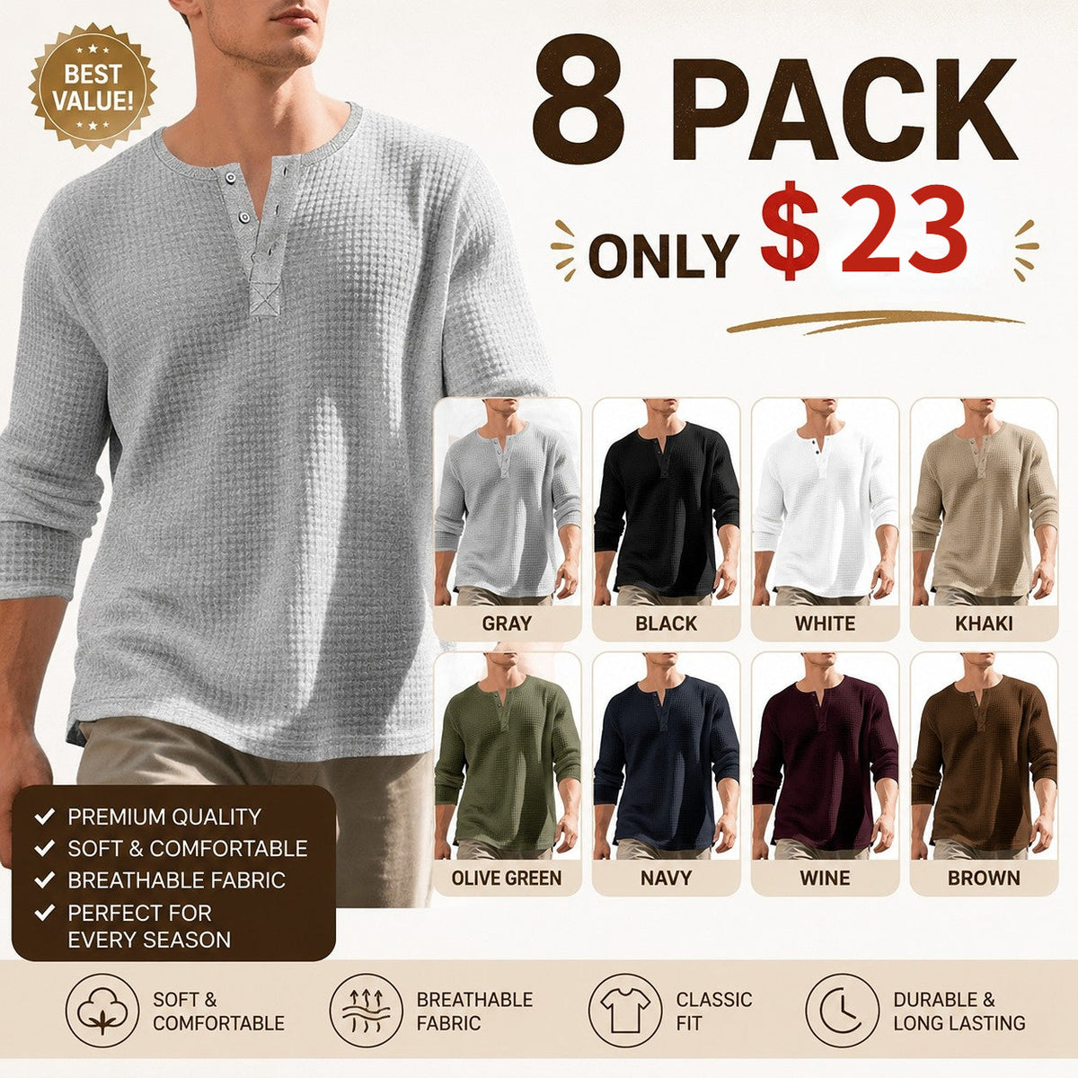 Men's Waffle Knit Long Sleeve Henley Shirt