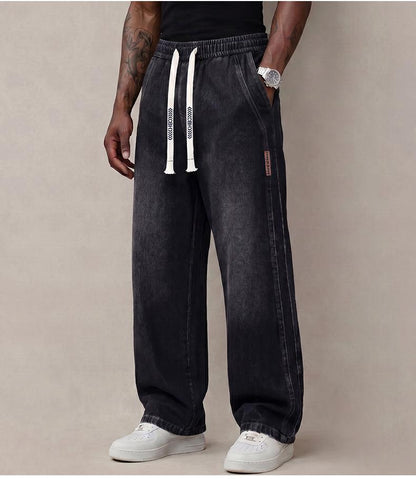 Men's Stretch 100% Cotton Loose Fit Jeans with Elastic Drawstring Waist
