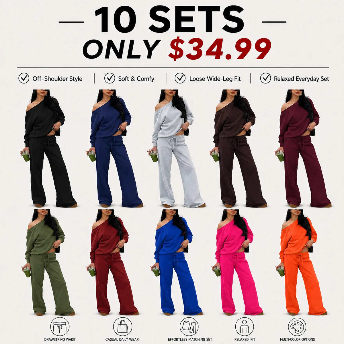 Women's Off-Shoulder Long Sleeve Jumper & Pants Set