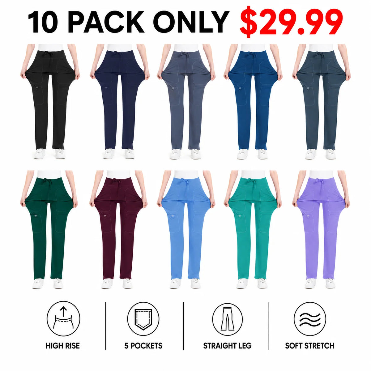 Women's Yoga Scrub Pants - 4-Way Stretch Work Pants with 5 Pockets