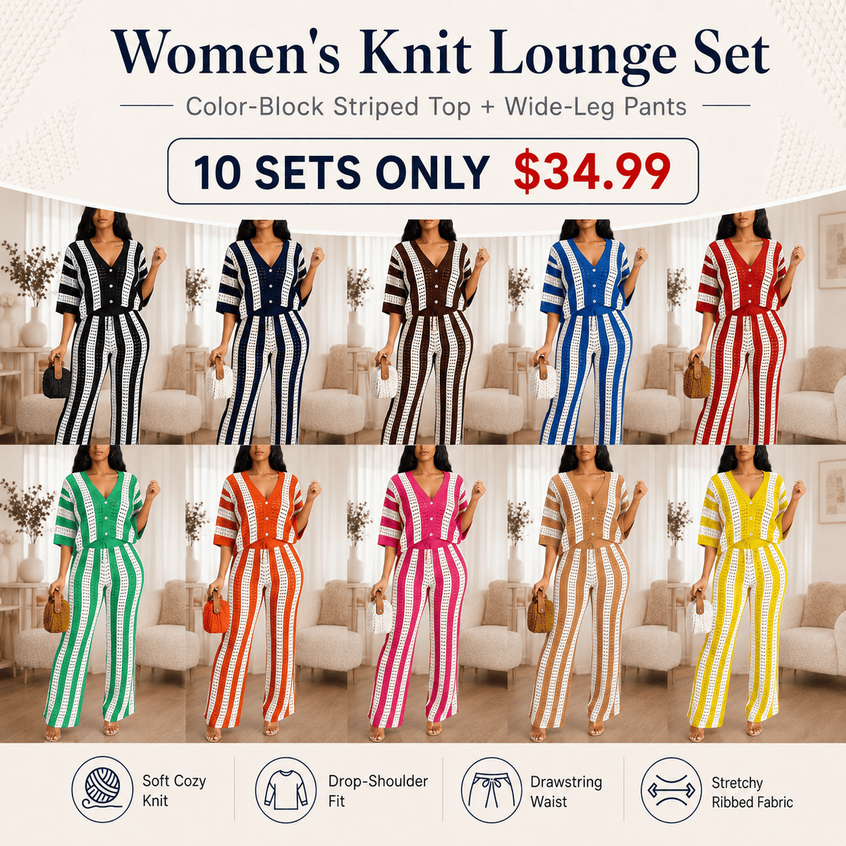 Women's Color-Block Striped Cutout Button-Front Top & Wide-Leg Pants Two-Piece Set