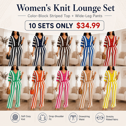 Women's Color-Block Striped Cutout Button-Front Top & Wide-Leg Pants Two-Piece Set