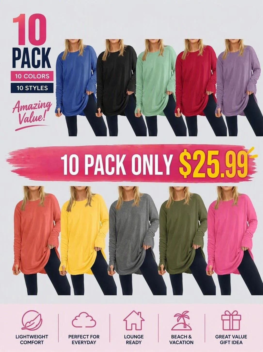 2026 Womens Plus Size Long Sleeve Tunic Tops Crew Neck Loose Fit T Shirts
