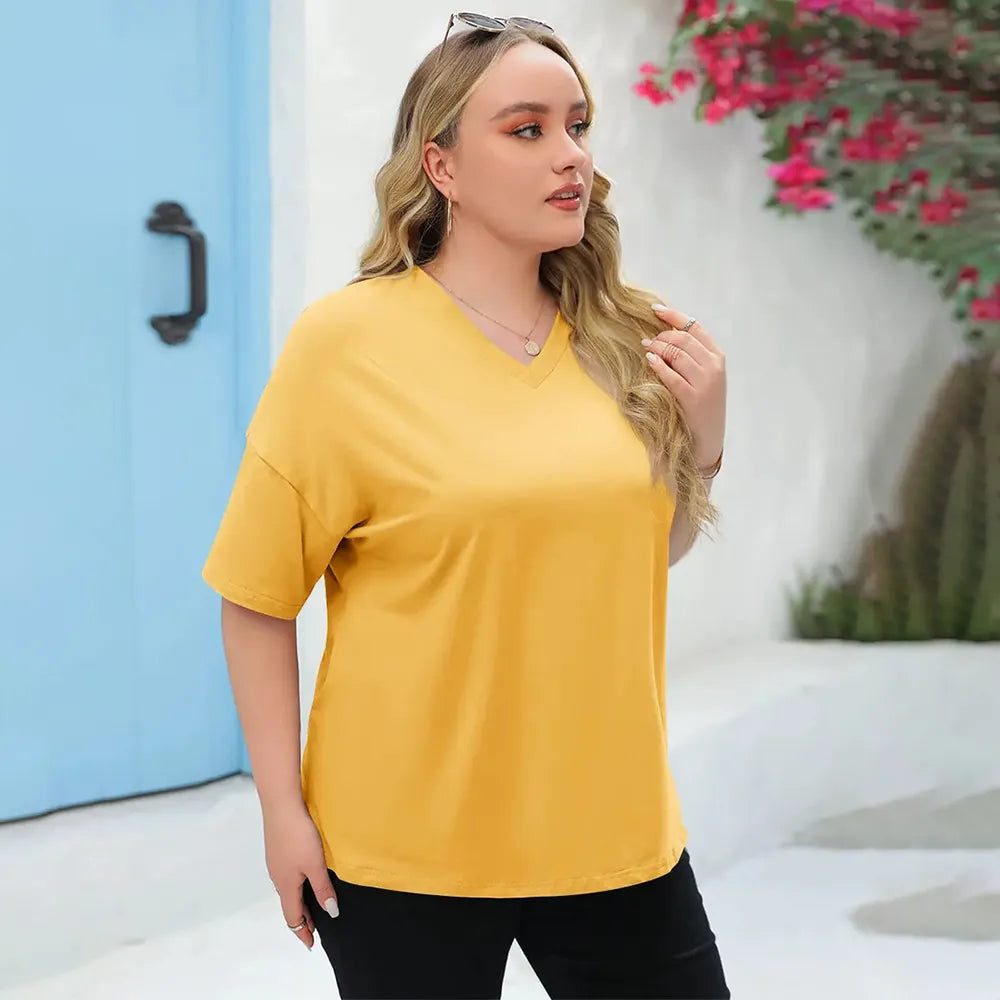 Women's Oversized Short Sleeve V-Neck Blouse – Lightweight Casual Summer Top