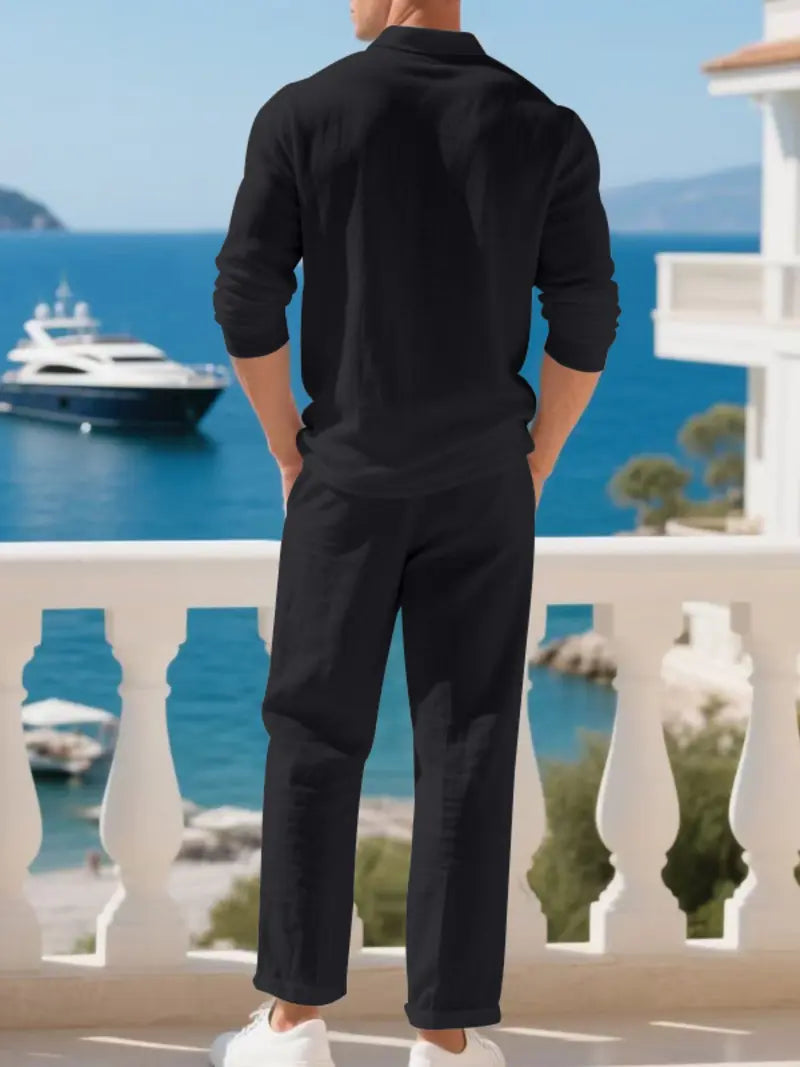 Men's Natural Linen Casual Set, Polo Neck Shirt & Loose Long Pants