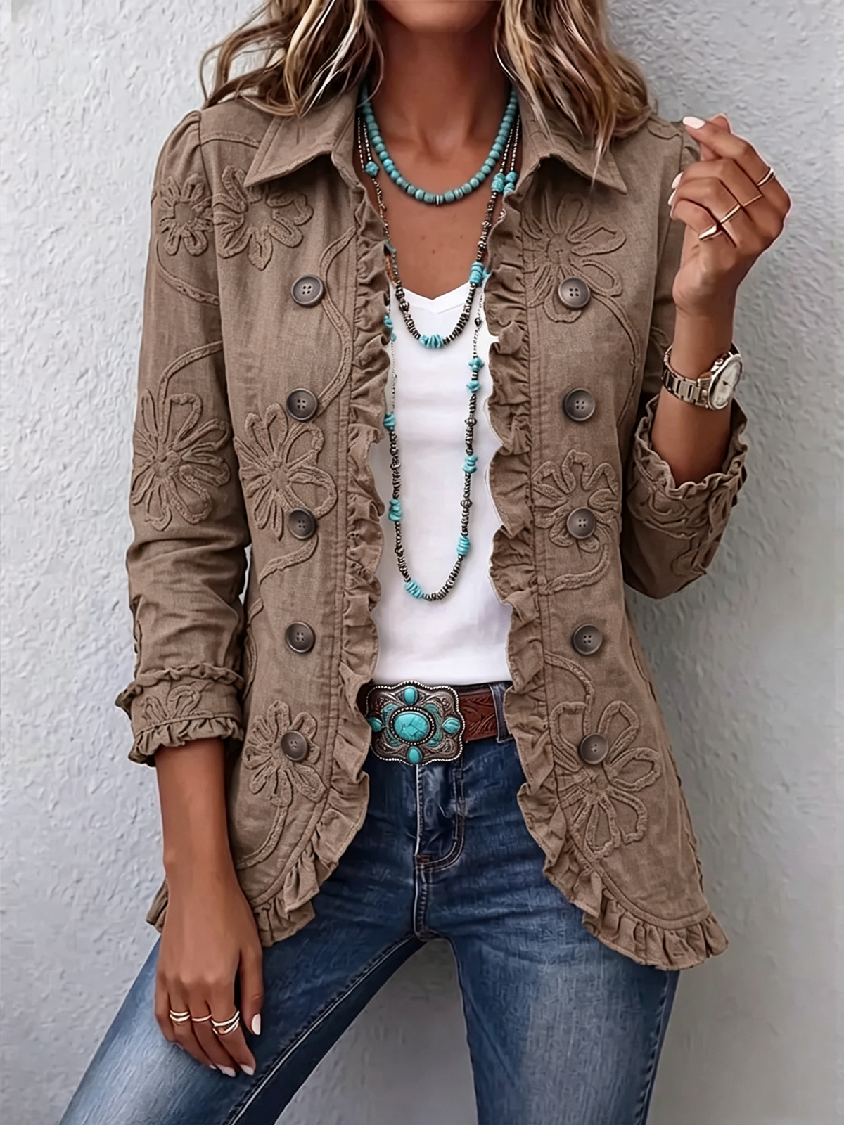 Boho-Chic Floral Embroidered Utility Ruffled Trim Jacket