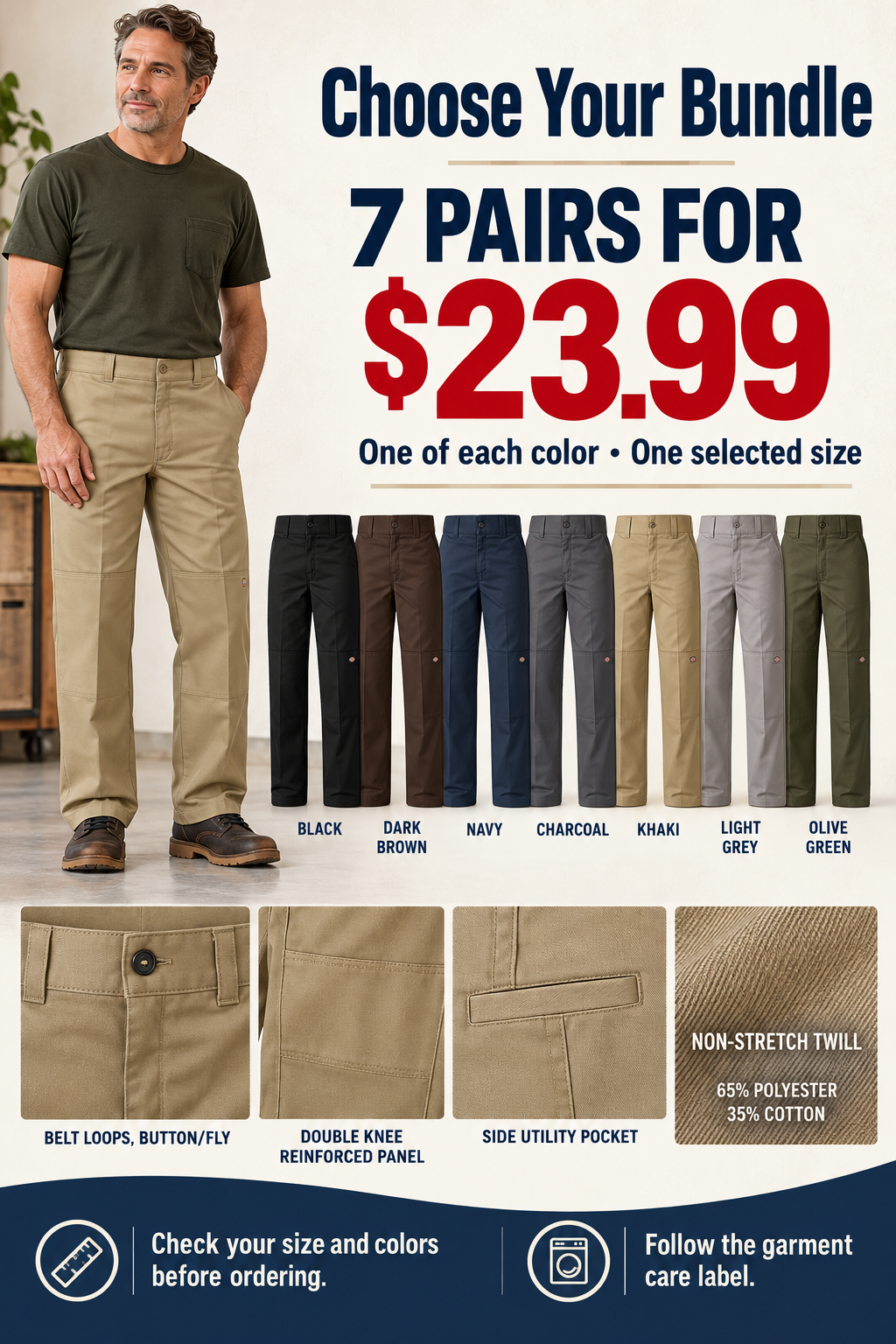 Men's Loose Fit Double Knee Work Pants — 7 Pairs for $23.99
