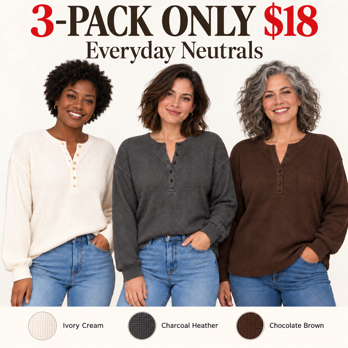 6-PACK ONLY $24---Old Navy Women's Long-Sleeve Crew-Neck Henley T-Shirt