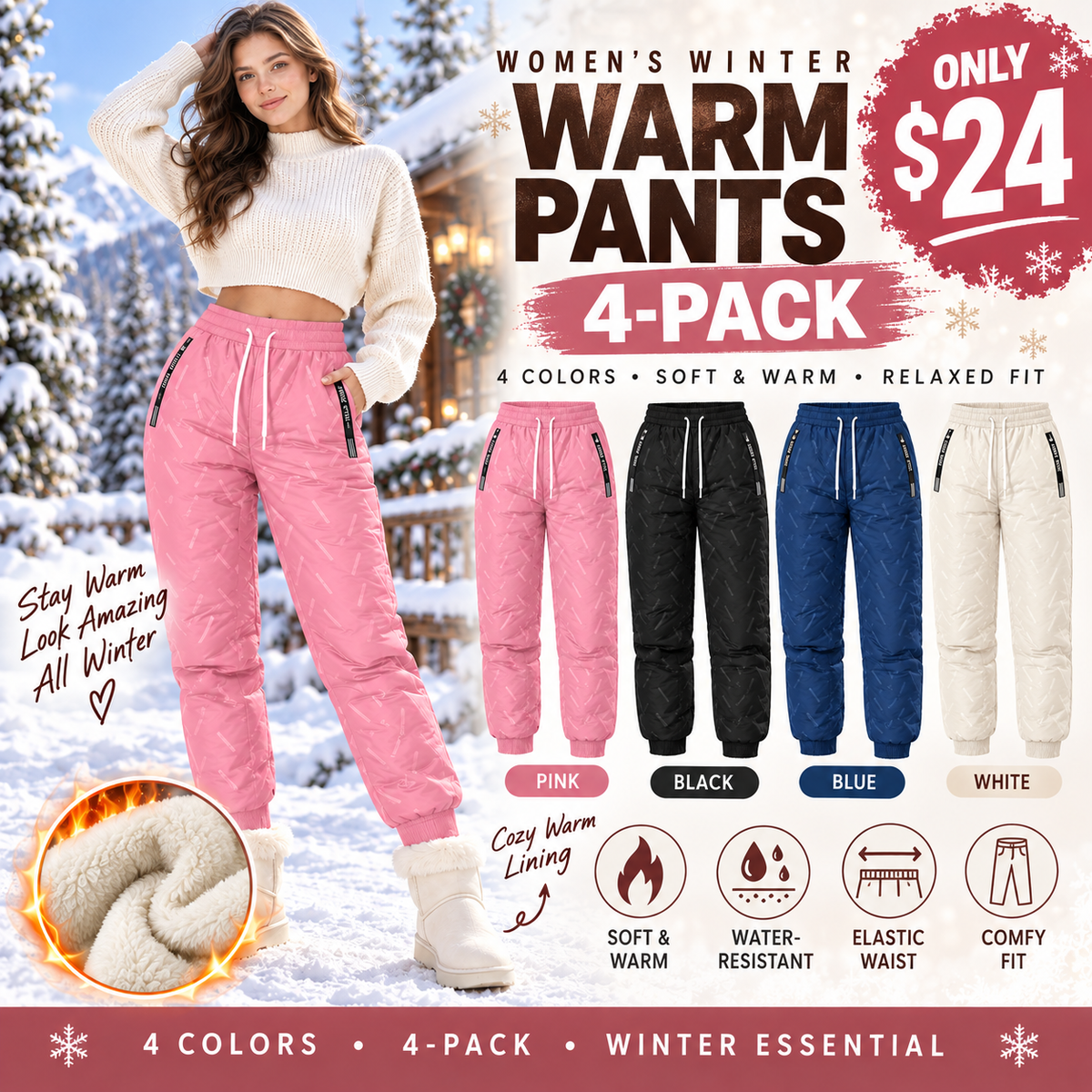 Women's Warm Waterproof Fleece-Lined Winter Pants
