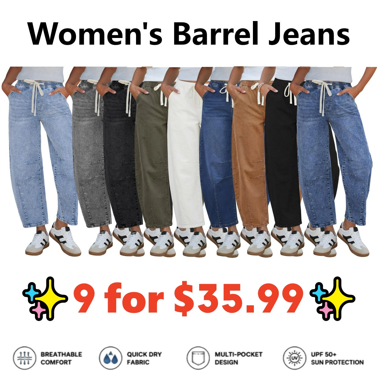 Women's Barrel Jeans, High-Rise Elastic Waist Cropped Wide Leg Jeans, Cotton Flex Magic Stretch Denim Pants for Daily Chill Wear
