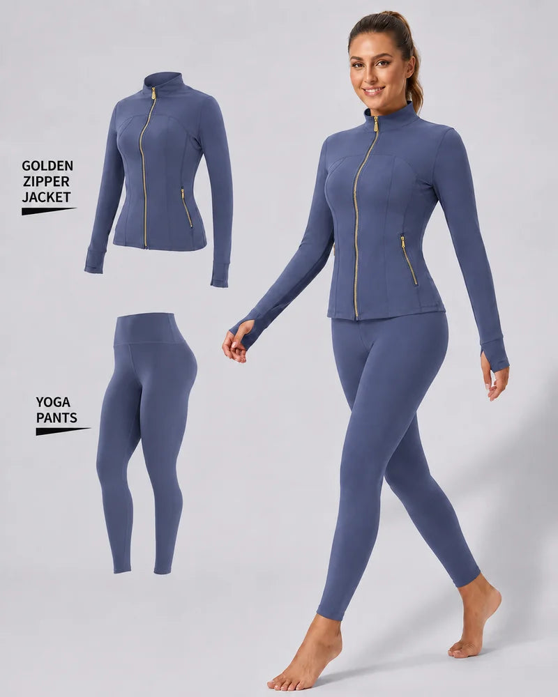 Women's Gold-Color Zip-Up Jacket & Yoga Leggings Set