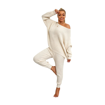 Women's Solid Drop Shoulder Sweater & Drawstring Waist Pants Two Piece Set