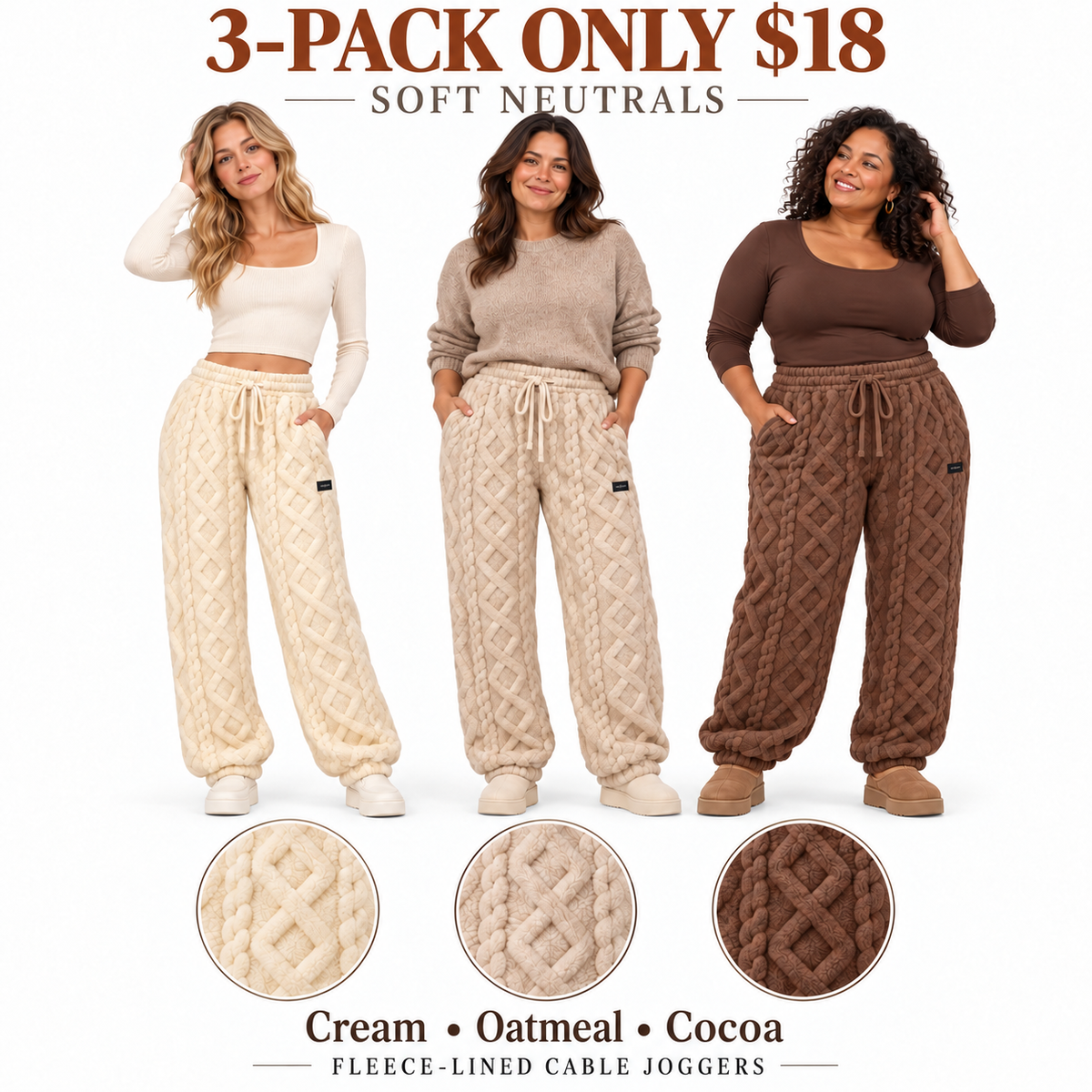 6-PACK ONLY $24---Cozy Cable Fleece-Lined Joggers