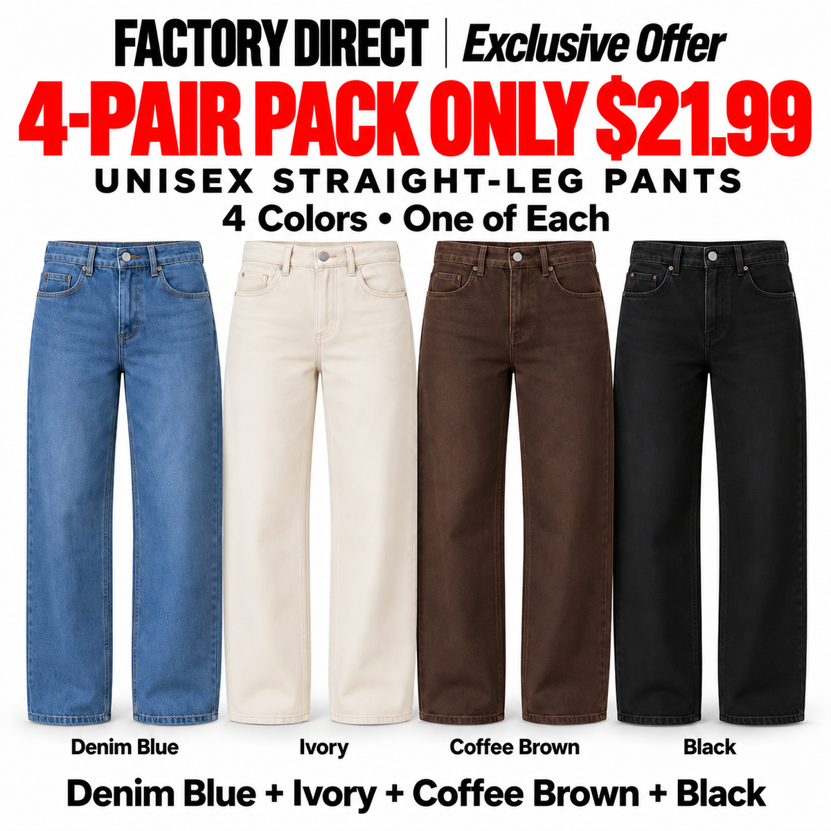 Unisex Straight-Leg Pants | 8 Pairs $24.99 or 4 Pairs $21.99 | XS–5XL