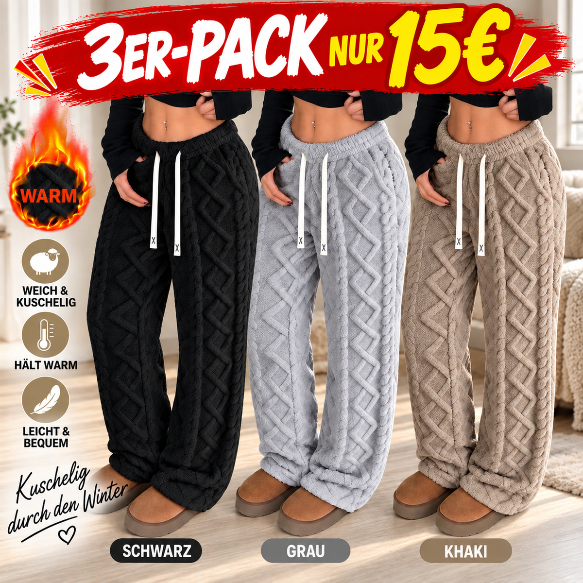 Damen Kuschelige Zopfmuster-Wollhose mit weitem Bein – 100 % Wolle