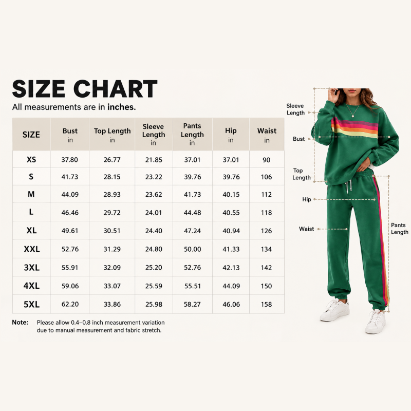 Women's 2-Piece Loose-Fit Sweatshirt Set – Retro Rainbow Stripe Crewneck Sweatshirt & Casual Track Pants