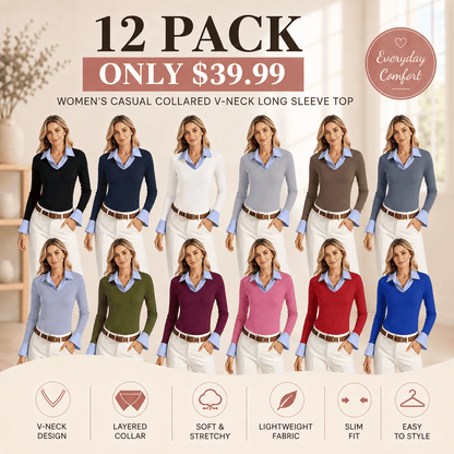 Women's Long Sleeve V-Neck Collared Polo Shirt