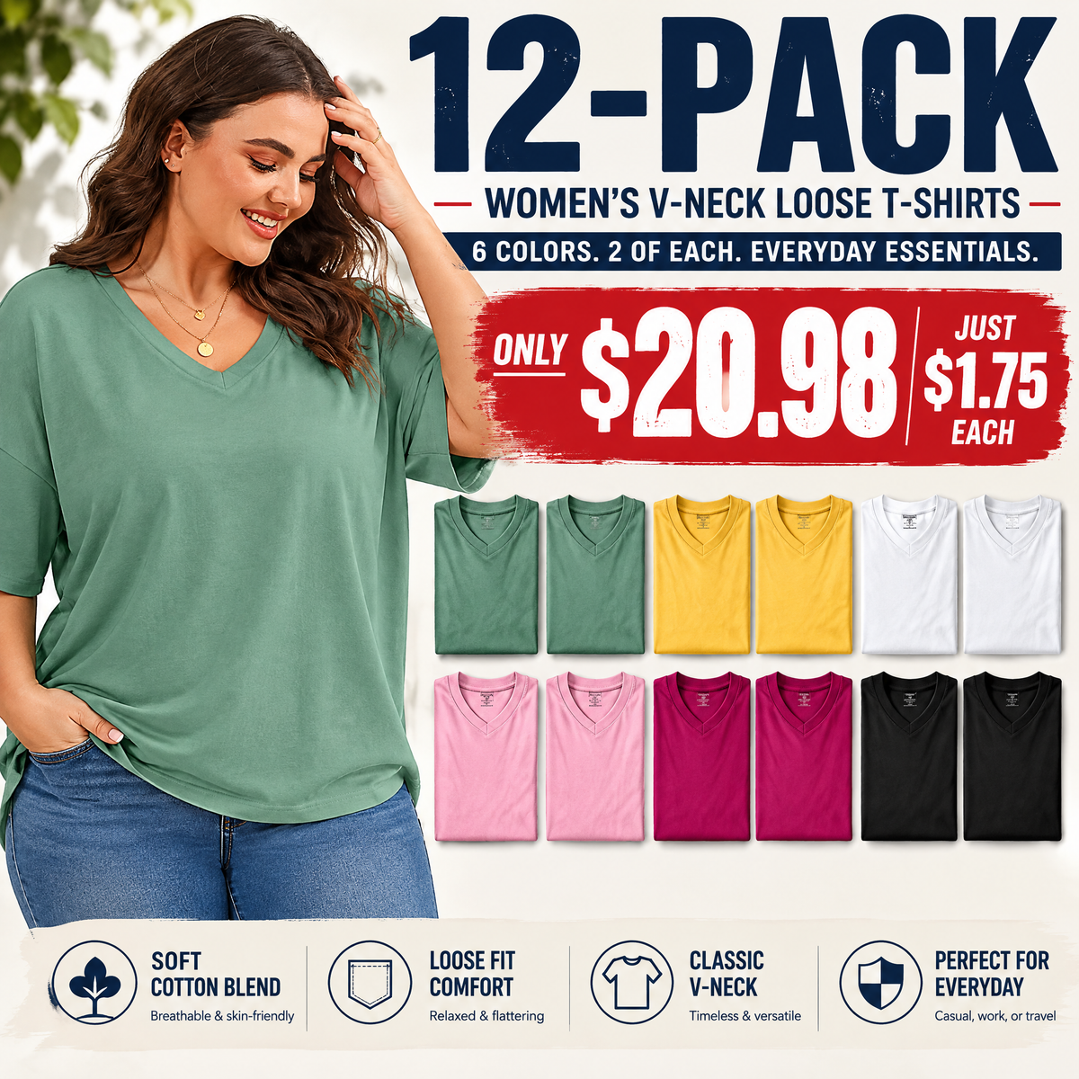 🔥 Limited-Time Offer:Women's Plus Size V Neck T Shirts Loose Fit Cotton Tunic Tops