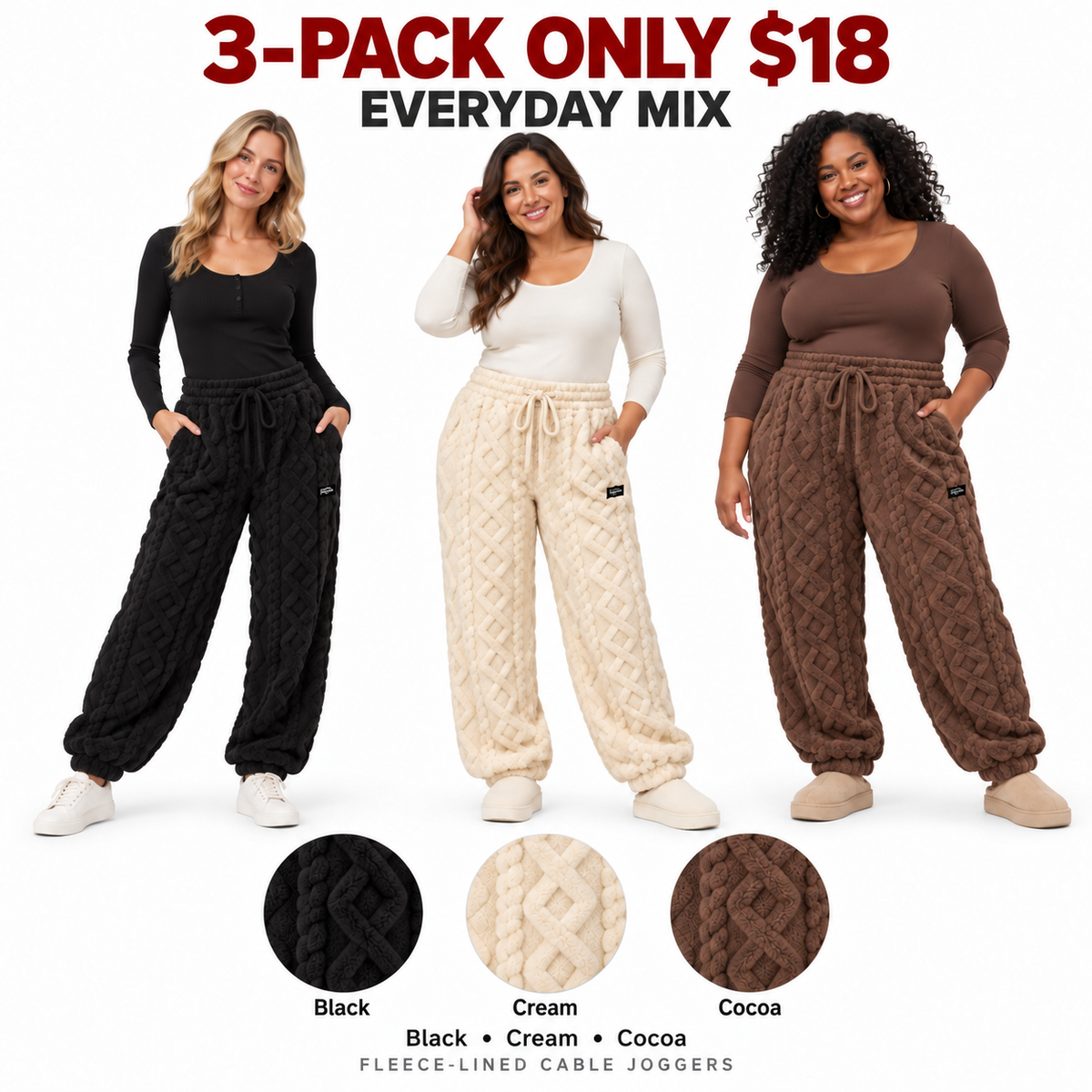 6-PACK ONLY $24---Cozy Cable Fleece-Lined Joggers
