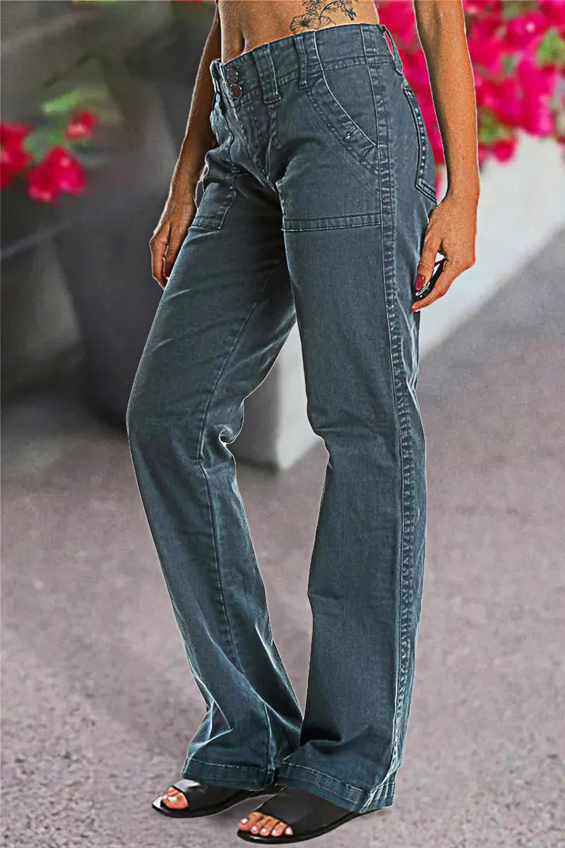 Double Button Mid Waist Straight Leg Pants