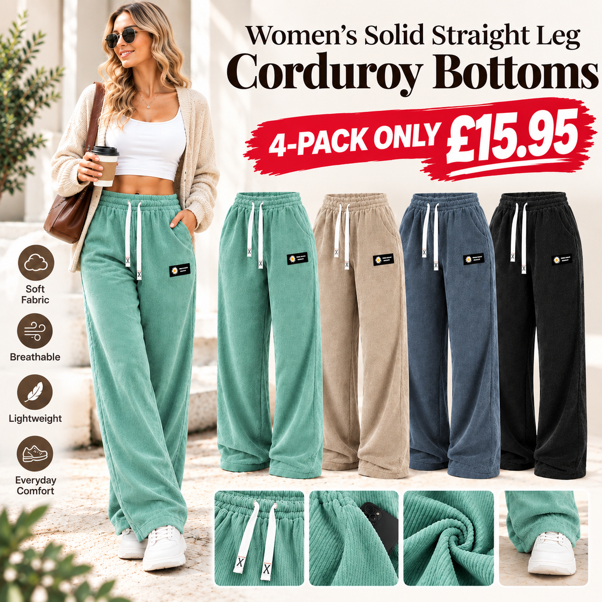 🔥LAST DAY SALEWomen's Solid Straight Leg Corduroy Bottoms-100% Cotton