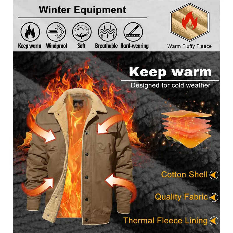 Men's Fitted Sherpa-Lined Soft Cotton Fleece Windproof Trucker Cargo Jacket
