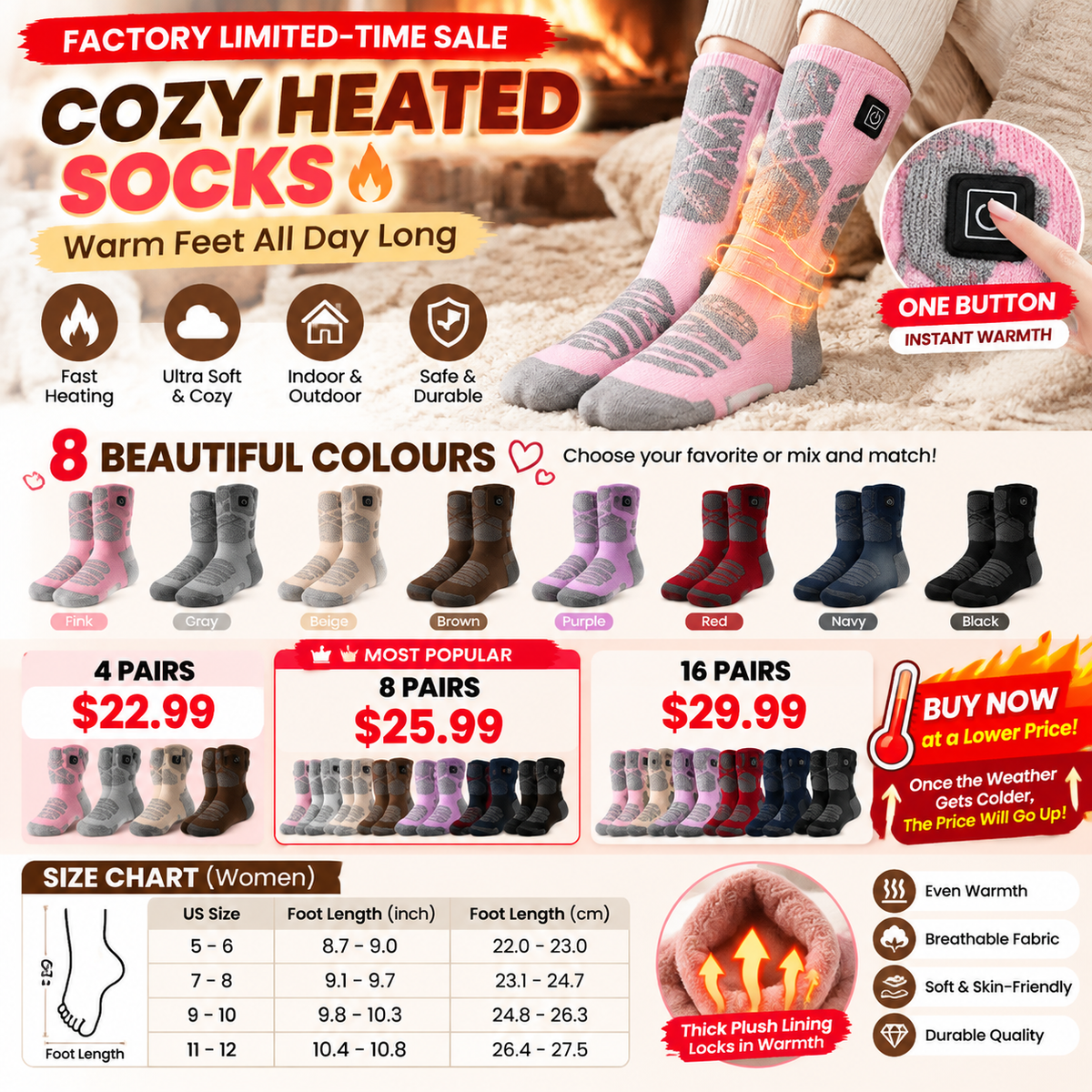 🏭 FACTORY LIMITED-TIME SALE ⚡ FINAL SALE – 8 PAIRS ONLY $25.99! Cozy Heated Socks for Men, Women & The Whole Family