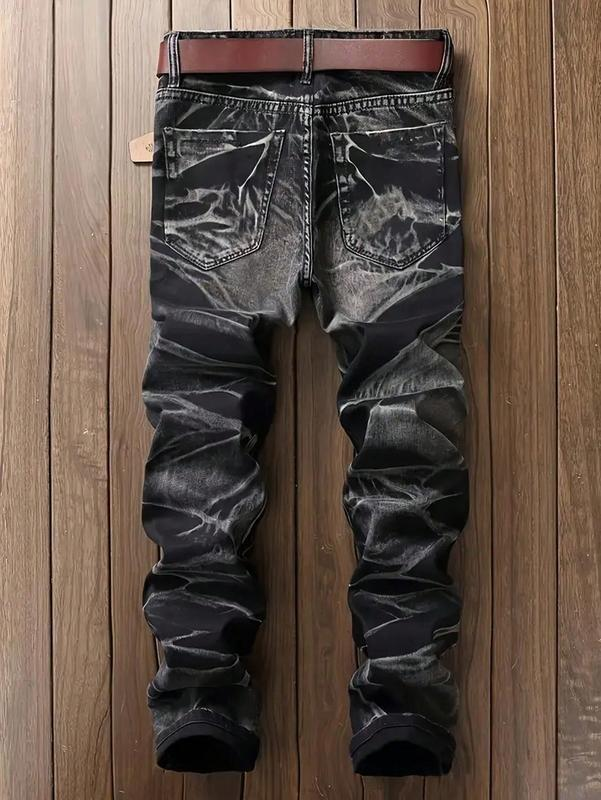 Men's Worn Frayed Tight Waisted Washed Black Denim Jeans – Unique Graphic Design Retro Stretch Casual Streetwear Hip Hop Style