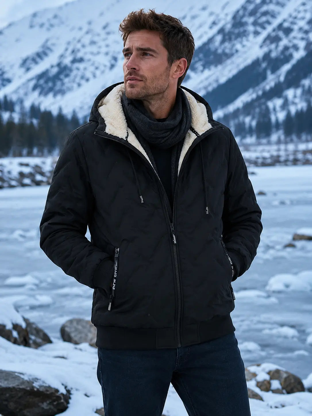 Men's Waterproof Windproof Fleece-Lined Hooded Jacket with Textured Fabric