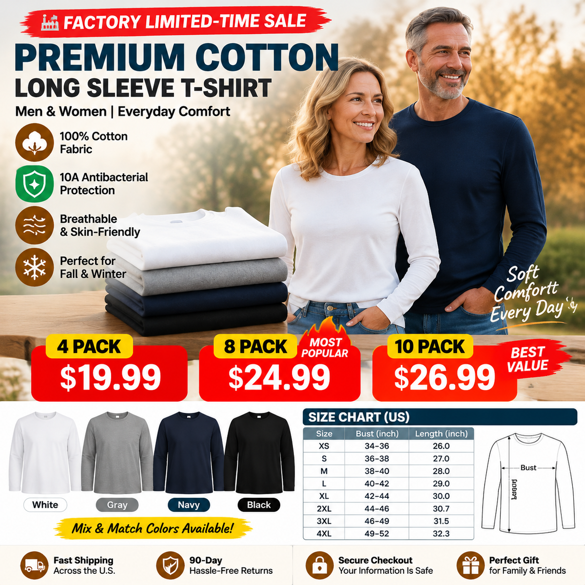 🏭 FACTORY LIMITED-TIME SALE ⚡ FINAL SALE – 8 PACK ONLY $24.99! Soft Cotton Long Sleeve Shirts for Men & Women, Perfect Everyday Base Layer