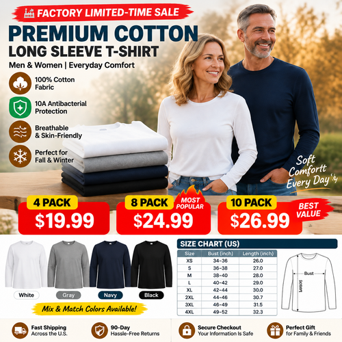 🏭 FACTORY LIMITED-TIME SALE ⚡ FINAL SALE – 8 PACK ONLY $24.99! Soft Cotton Long Sleeve Shirts for Men & Women, Perfect Everyday Base Layer
