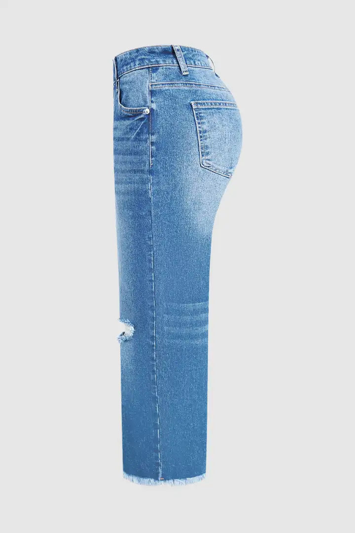 🔥 4 FOR ONLY $26.99! Women’s Mid-Waist Straight Leg Crop Jeans – Washed Ripped Raw Hem Denim
