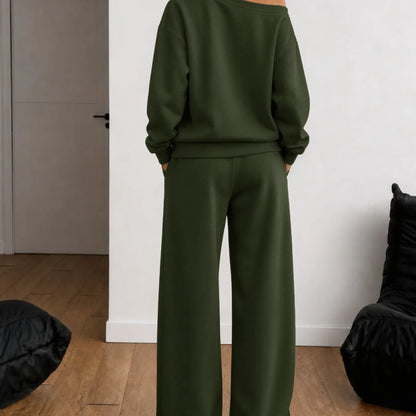 Women's 100% Cotton Two-Piece Set with Asymmetrical Sweatshirt & Wide-Leg Pants