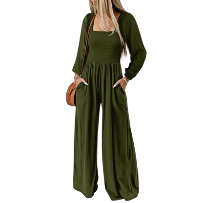 Women's Casual Loose Overalls Jumpsuits One Piece Long Sleeve Wide Leg Long Pant Rompers With Pockets
