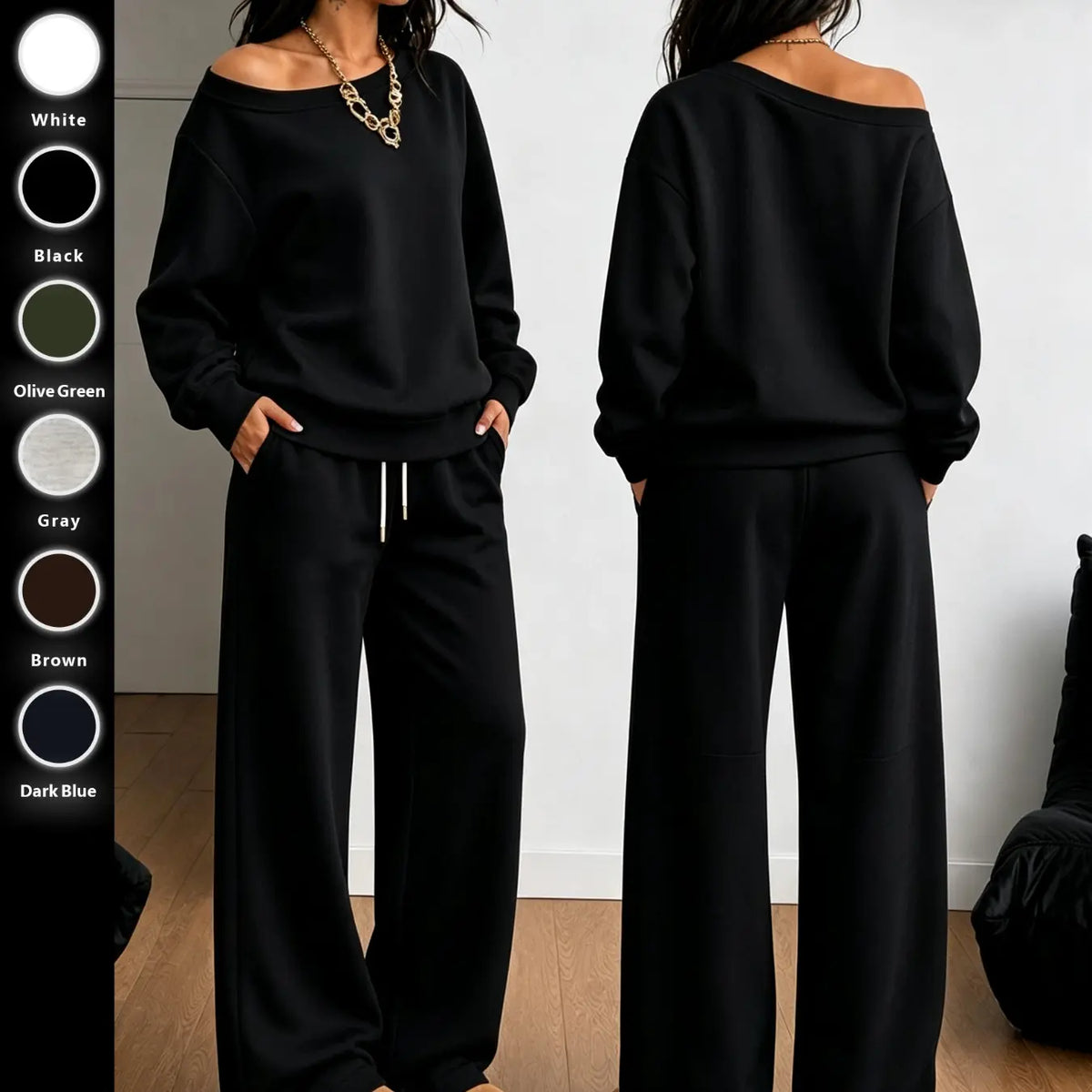 Women's 100% Cotton Two-Piece Set with Asymmetrical Sweatshirt & Wide-Leg Pants