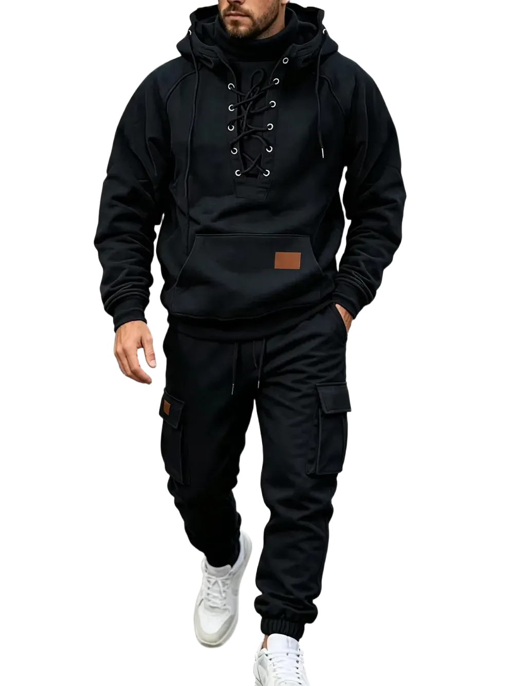Men's Chest Tie‐Up Hoodie And Multi‐Pocket Ankle‐Cuffed Joggers