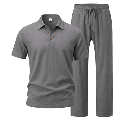 Men's Linen 2 Piece Summer Outfit - Short Sleeve Button Down Shirt & Drawstring Long Pants Casual Beach Vacation Set