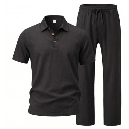 Men's Linen 2 Piece Summer Outfit - Short Sleeve Button Down Shirt & Drawstring Long Pants Casual Beach Vacation Set