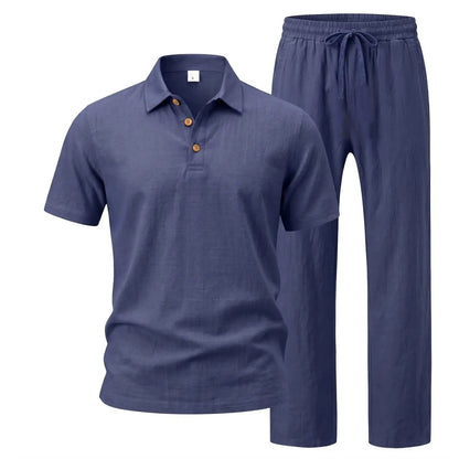 Men's Linen 2 Piece Summer Outfit - Short Sleeve Button Down Shirt & Drawstring Long Pants Casual Beach Vacation Set