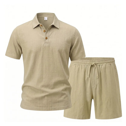 Men's Linen 2 Piece Summer Outfit - Short Sleeve Button Down Shirt & Drawstring Long Pants Casual Beach Vacation Set