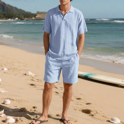 Men's Linen 2 Piece Summer Outfit - Short Sleeve Button Down Shirt & Drawstring Long Pants Casual Beach Vacation Set