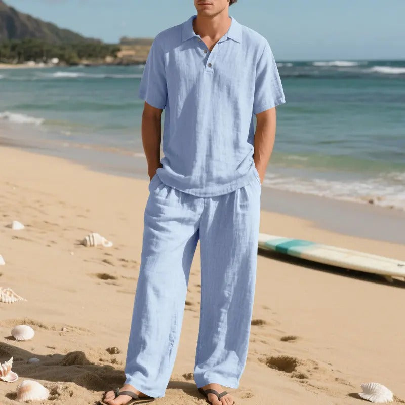 Men's Linen 2 Piece Summer Outfit - Short Sleeve Button Down Shirt & Drawstring Long Pants Casual Beach Vacation Set